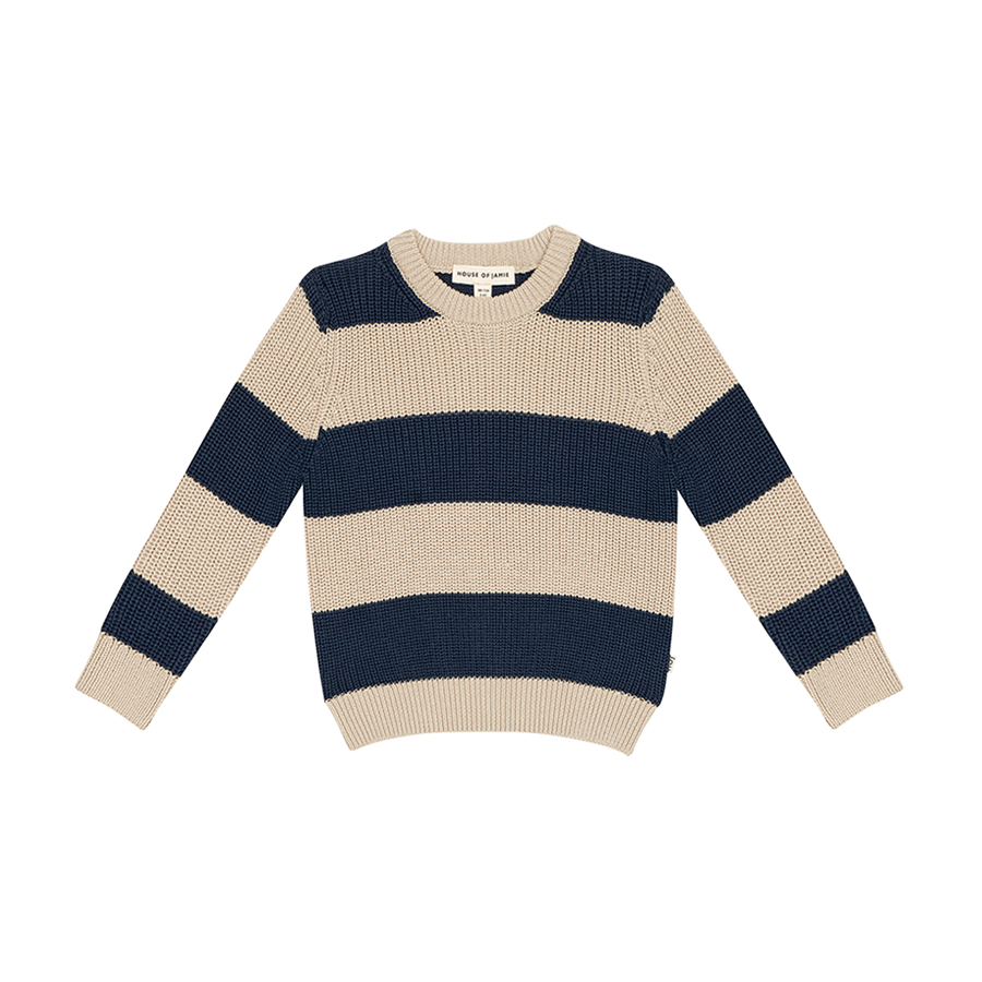 Knitted Sweater Soft Beige & Blue Stripes Knit