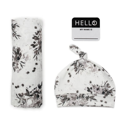 Lulujo Hello World Swaddle & Hat - Black Floral