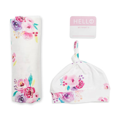 Lulujo Hello World Swaddle & Hat - Posies