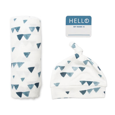 Lulujo Hello World Swaddle & Hat - Navy Triangles